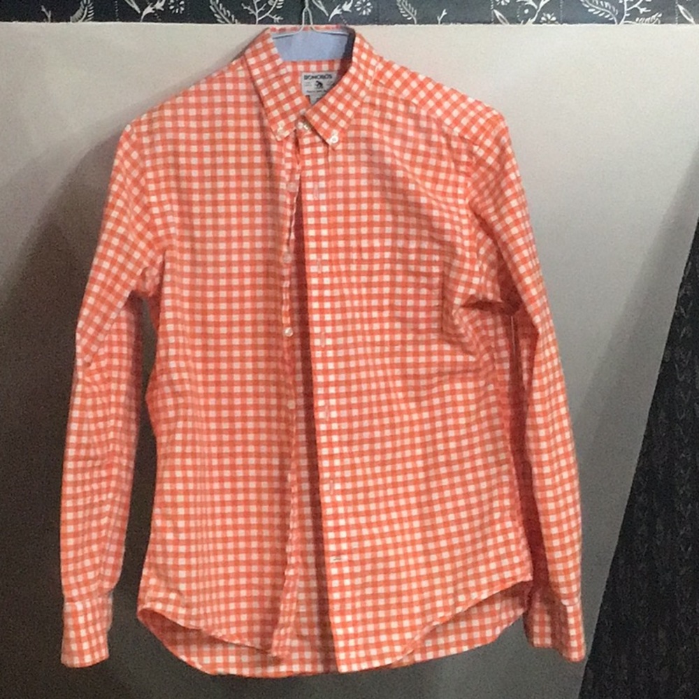BONOBOS long sleeve orange/white checkered collared button down Medium